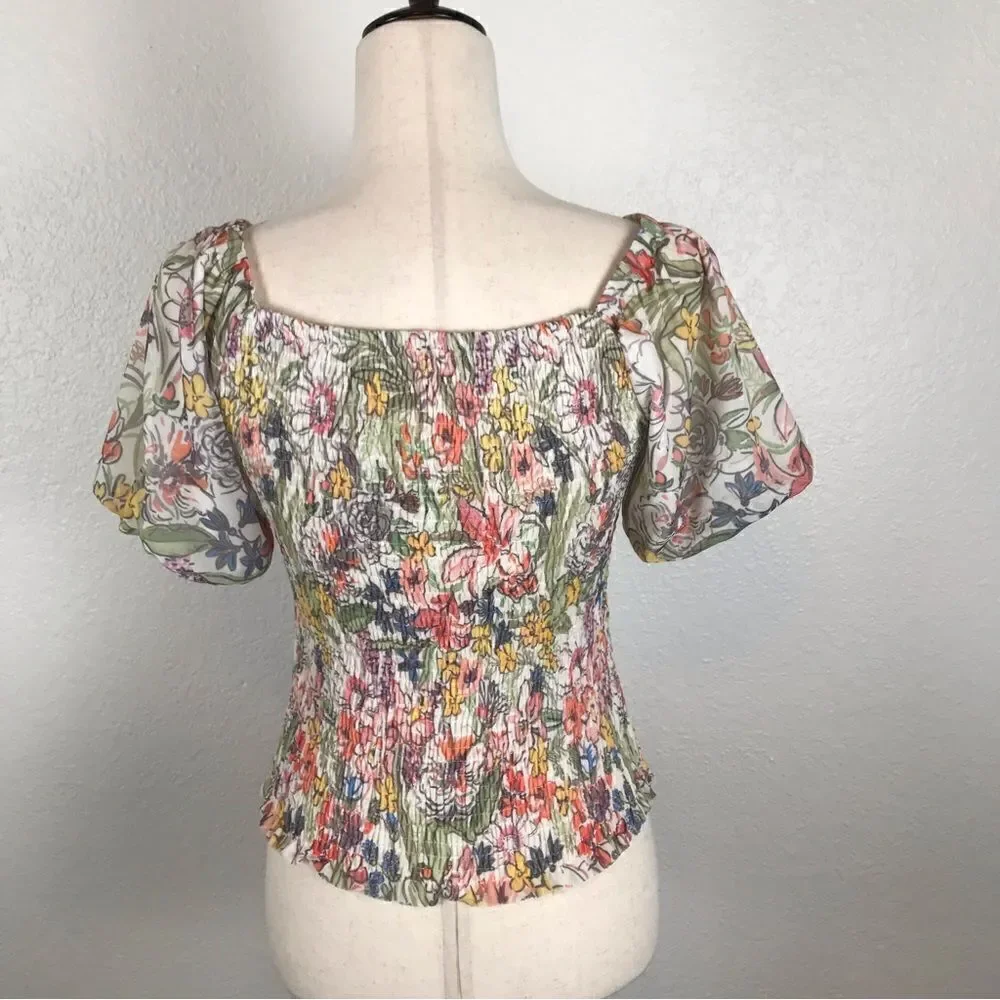 Anthropologie Aurelia floral puff sleeve smocked blouse XS‎